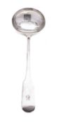 A George IV silver Fiddle pattern soup ladle by George Ferris, Exeter 1821, engraved initial B, 33.