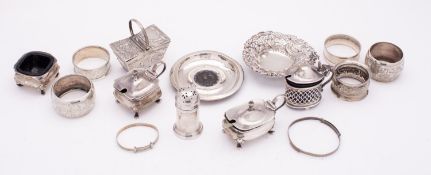 A mixed group of silver; including a Dutch silver miniature twin compartment picnic basket,