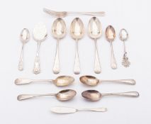 A mixed group of silver flatware; including three Old English dessert spoons, London 1927,