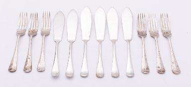 A set of six George V Old English pattern silver fish knives and forks by Cooper Brothers & Sons