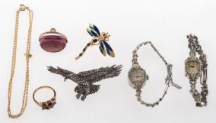 A mixed group of costume & silver jewellery, to include a silver eagle brooch set with marcasite,