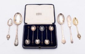 A mixed group of silver; including a cased set of six coffee bean spoons,