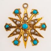 A Victorian pendant, of star form set with turquoise cabochons and seed pearls, missing bale,
