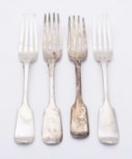 Three Victorian silver Fiddle pattern table forks by Charles Boyton, London 1847, and another 1853,