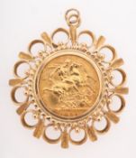 A full Sovereign in a 9ct gold pendant mount.