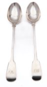 A pair of Victorian silver gravy/ basting spoons by Edward Ramsey, Exeter 1849, Fiddle pattern,