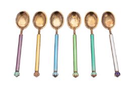 A set of six Norwegian silver gilt and enamel rainbow teaspoons, stamped D.A Norway Sterling 66.3gs.