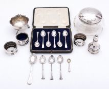 A mixed group of silver; including a cased set of six coffee spoons by Richard Richardson Sheffield,