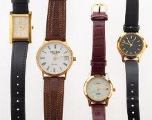 Five dress watches including Timex, a gold-plated lady's watch with mother-of-pearl style dial,