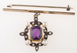 An antique amethyst, diamond and pearl brooch, a bar brooch with suspending openwork setting,