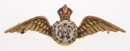 An RAF winged sweetheart brooch, with white, blue, green and red enamelling, marked 9ct,