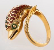 A dolphin designed ring, with red and green enamelling, marked 750, size G, 5.00grams.