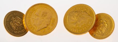 A pair of gold Pesos coin cufflinks, each set with a cinco pesos,