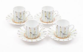 Hermes Le Matins de L'etang, four porcelain coffee cans and saucers