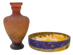 A Muller Freres Luneville frosted glass vase of baluster form and of mottled orange,