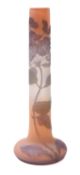 A Gallé glass vase the squat base with slender elongated neck decorated with acid etched lilac