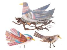 Mary Sumner [1957 - 2016] three painted wood and mixed media bird sculptures, the largest 32cm long.
