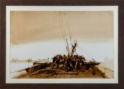 *Anthony Amos (British, 1950-2010) - Deck hands to the capstan - Oil on board - 51 x 77.