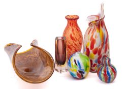 WITHDRAWN LOT A small group of art glass comprising a Murano solifleur vase the clear body with