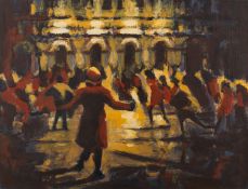 Hugo Lines (British, Contemporary) - Crowd on a square - Oil on board - 23 x 30.