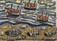 William Black (British, 20th Century) - Shells and Boats - Pen, ink and watercolour - 14 x 19.