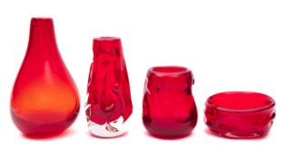 Four pieces of Powell & Sons, Whitefriars ruby red glass,