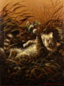 Stanislav Plutenko (Russian, b.1962) - Kot (Cat and bird) - Oil on hessian - 78 x 58.