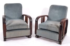 A pair of Chinese teak and upholstered armchairs in Art Deco style,