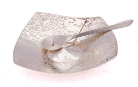 Esther Lord (b1981) Folded silver acid etched salt or condiment dish and spoon, Birmingham 2011,