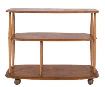 A set of Ercol light elm and beech 'room divider' shelves, circa 1960s; the rectangular top,