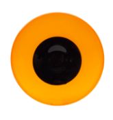 An art glass dish of shallow circular form of vivid orange colour with circular black centre,