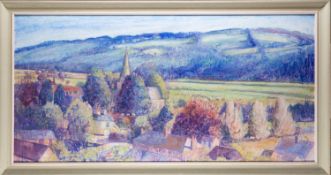 Mary Chugg (British, 1935 - 2024) - Bishop's Tawton: Hot September - Acrylic on board - 59 x 120.