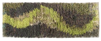 A woolwork wall hanging, circa 1970s; depicting an abstract wavy form in greens and grey,