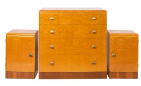 A birdseye maple chest of drawers and two bedside cupboards en suite, in Art Deco style,