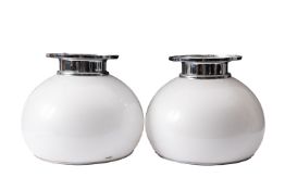 Attributed to Harvey Guzzini, a pair of opaque milk perspex and metal mounted plafonniers,