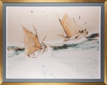 *Anthony Amos (British, 1950-2010) - Fishing boats under sail - Oil on card - 76 x 101.