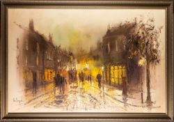 John Bampfield (British, b.1948) - Evening street scene - Oil on canvas - 59.5 x 89.