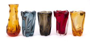 Four Powell & Sons Whitefriars twisted lobed vases,