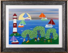 Gordon Barker (British, Contemporary School) - Coastal scene with a lighthouse,
