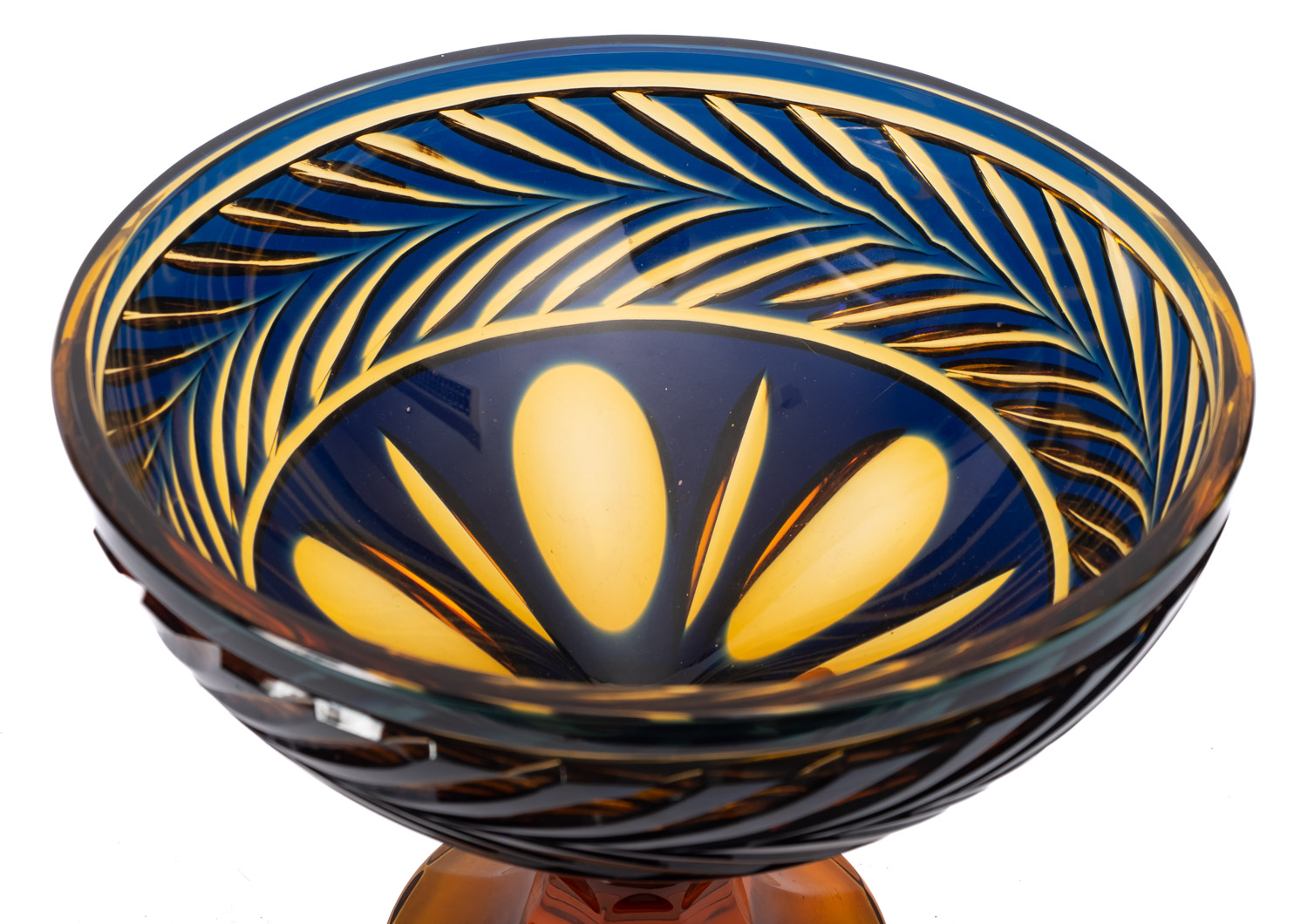 An amber and blue flashed pedestal bowl with cut decoration, 25cm diameter. - Image 2 of 2