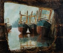 *Anthony Amos (British, 1950-2010) - Three trawlers tied up alongside - Oil on card - 59.5 x 70.