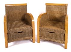 A pair of beech and wicker armchairs in Art Deco taste,