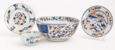 A group of Chinese Imari porcelains: comprising an export punch bowl,