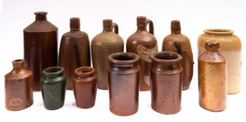 A collection of twelve salt glazed bottles and jars, mostly unmarked,