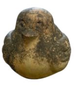 A terracotta garden model of a stylised robin redbreast,