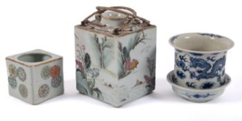 A Chinese famille rose teapot in outer case,