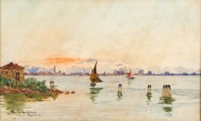 Nazzareno Cipriani (Italian, 1843-1925) - Sailboats off the shore in sunset - Watercolour - 9.