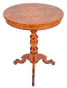 A Victorian walnut veneer, elm and stained beech circular chess top table,