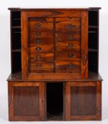 A Collector's Victorian rosewood cabinet/bookcase, of breakfront outline, on a cabinet base,