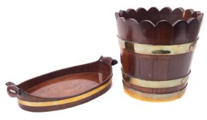 A George III brass banded mahogany oval tray, circa 1760; with outscrolled handles at each end,
